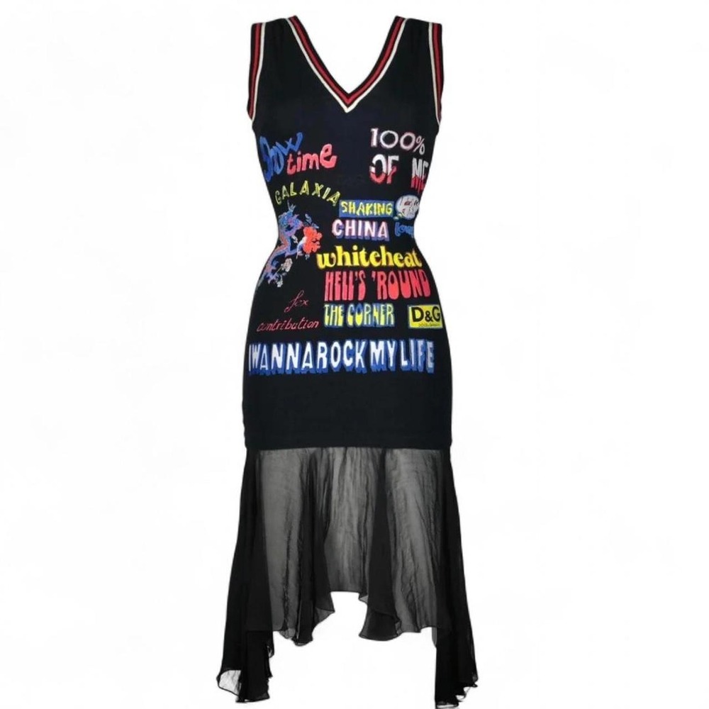Dolce & Gabbana SS2003 Vintage Mesh Graffiti Comic Runway Silk Dress